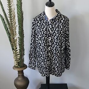 Charter Club Black Button Down Blouse with White Bow Print